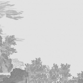 Wallpaper Pompei Variant 2 cu un design clasic reprezentând o peisaj cu un râu, stânci și copaci.