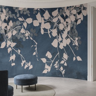 Tapet cu design minimalist, cu frunze albe pe un fundal albastru închis.