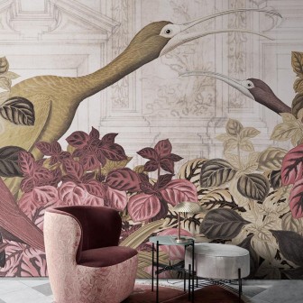 Tapet mural contemporan cu păsări exotice și vegetație luxuriantă.