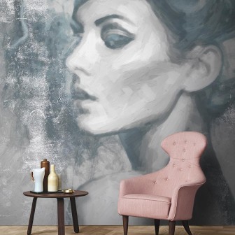 Wallpaper contemporan cu portret feminin, in tonuri de gri si alb