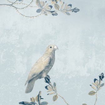 Tapet contemporan cu design minimalist, imagine cu un papagal galben pe un copac cu frunze albastre, tapet pentru perete