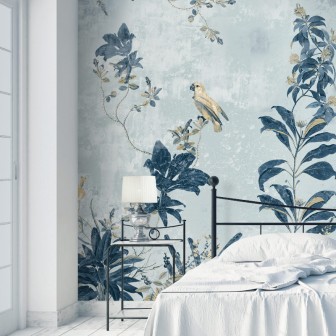 Tapet contemporan cu design minimalist, imagine cu un papagal galben pe un copac cu frunze albastre, tapet pentru perete