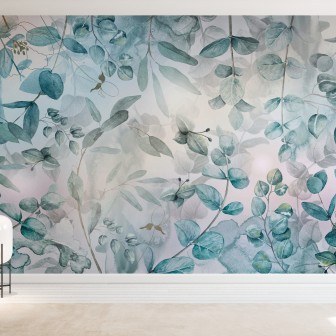 Tapet cu frunze verzi delicate pe un fundal alb