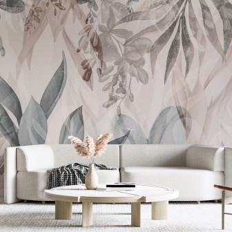 Wallpaper modern cu design botanic, cu nuanțe calde de roz și verde.