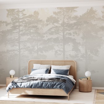 Fototapet cu pădure de pini în ceață, nuanțe bej