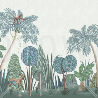 Tapet Nightfall Garden - Panorama cu o imagine panoramică cu palmieri înalți și tufișuri luxuriante, perfect pentru dormitor, sufragerie sau birou.