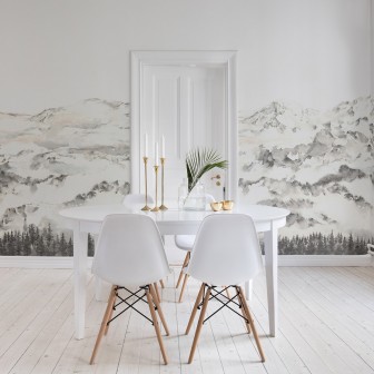 Tapet 3D Hope Mountains cu design minimalist, cu munți acoperiți de nori și copaci.