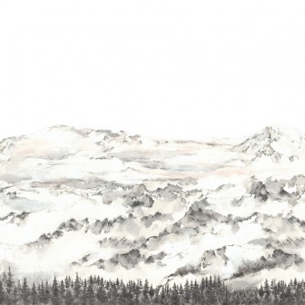 Tapet 3D Hope Mountains cu design minimalist, cu munți acoperiți de nori și copaci.