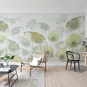 Tapet cu flori de nufăr, cu nuanțe delicate de verde și albastru, creează o atmosferă relaxantă și inspirată de natură.