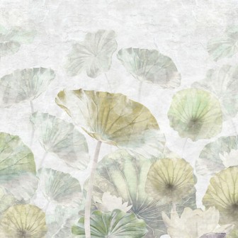 Tapet cu flori de nufăr, cu nuanțe delicate de verde și albastru, creează o atmosferă relaxantă și inspirată de natură.