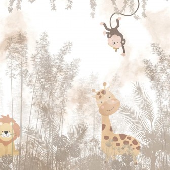 Tapet Baby Jungle cu animale drăguțe și o atmosferă caldă.  Perfect pentru camera copilului.