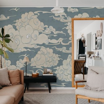 Wallpaper cu nori pufoși pe un fundal albastru delicat