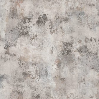 Tapet 3D Patina, cu aspect de beton, într-un dormitor cu pat dublu, cu lenjerie de pat albastră, perne decorative și o canapea cu o pătură de blană