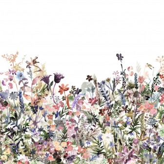 Tapet floral pastelat May Meadow cu flori delicate pe fundal alb.