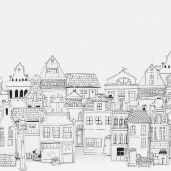 Fototapet cu case stilizate alb-negru într-o cameră de copii modernă