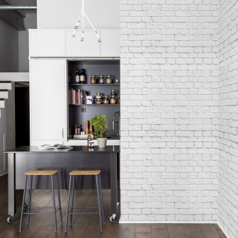 Fototapet cu aspect de cărămidă albă într-o bucătărie modernă
