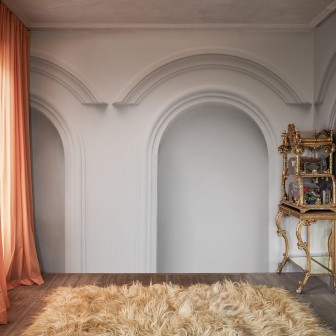 Tapet Forest Vaults, White, cu design arhitectural cu arcade, într-un interior modern.