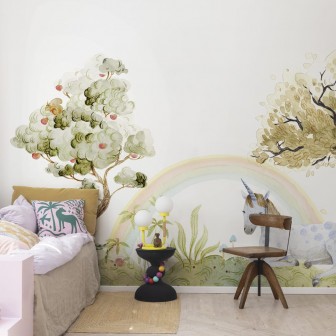 Tapet cu un unicorn, copaci cu fructe și un curcubeu