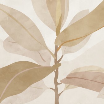 Tapet cu frunze în nuanțe de bej și maro, decorând un dormitor cu un pat cu lenjerie verde și o plantă lângă fereastră.