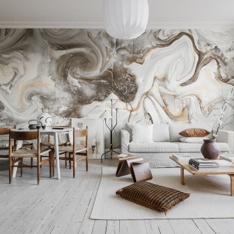 Tapet cu marmură abstract, Marble Swirl Nougat, în tonuri de maro, bej și gri, în livingul unei case moderne