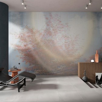 Fototapet cu design grafic albastru cu nuanțe de roz, inspirat din frumusețea naturii.