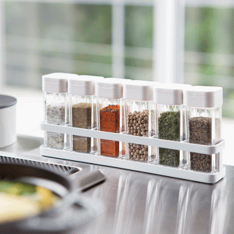 Set de 6 sticluțe pentru condimente cu suport alb