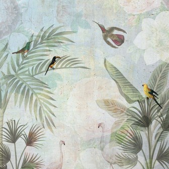 Tapet Bright Sensation cu păsări tropicale vibrante și frunze luxuriante, pe un fundal delicat de beton