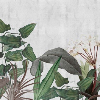 Tapet modern Elegant Flora, cu un design floral tropical, cu frunze bogate, flori albe delicate și o pasăre exotică colorată.