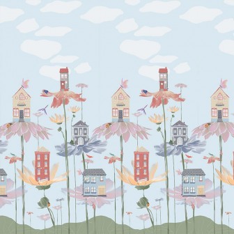 Tapet cu design floral cu case mici, pe un fundal albastru cu nori