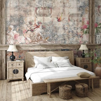 Tapet vintage cu flori delicate si pasarele multicolore