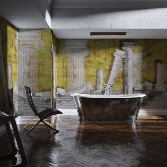 Tapet cu coloane antice din alabastru pe fond auriu, cu detalii de aur, ideal pentru living, dormitor sau baie.