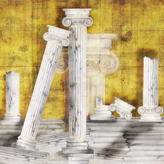 Tapet cu coloane antice din alabastru pe fond auriu, cu detalii de aur, ideal pentru living, dormitor sau baie.