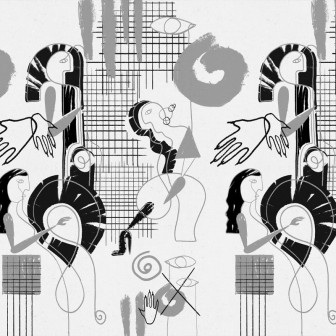 Tapet abstract cu figuri geometrice și linii grafice în tonuri de gri și negru.