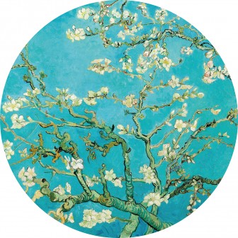 Round Almond Blossom wallpaper, 190cm diameter, featuring a vibrant blue background with white blossoms